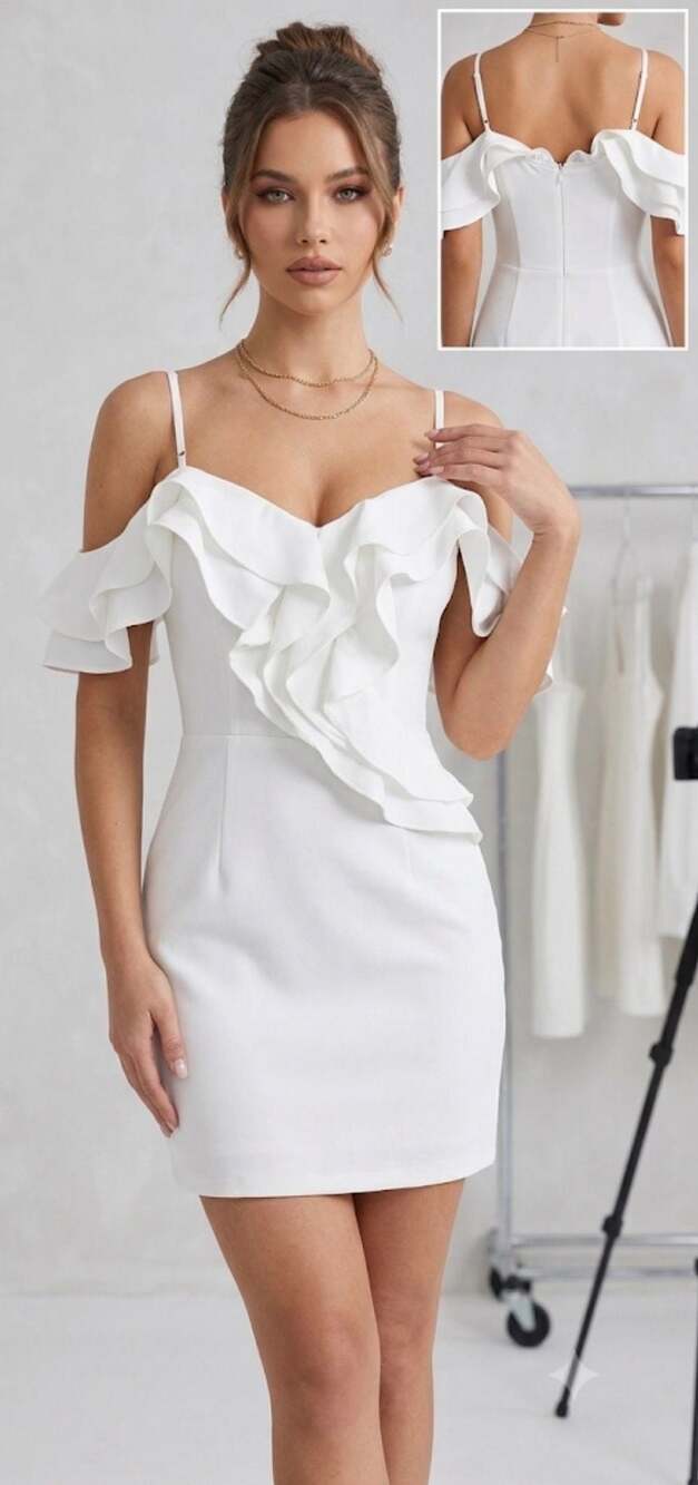 Main Strip White Ruffled Off-Shoulder Bodycon Mini Dress
